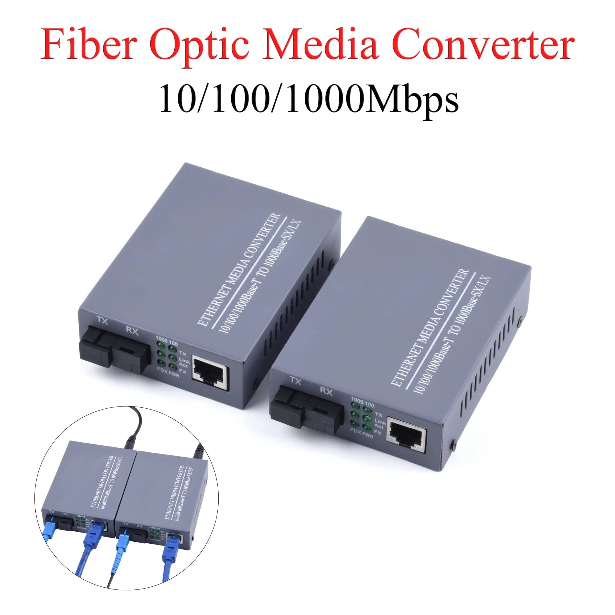 Gigabit Fiber Optical Media Converter 10/100/1000Mbps Single Mode 20Km UPC/APC SC - Port External Power Supply - Eleconic