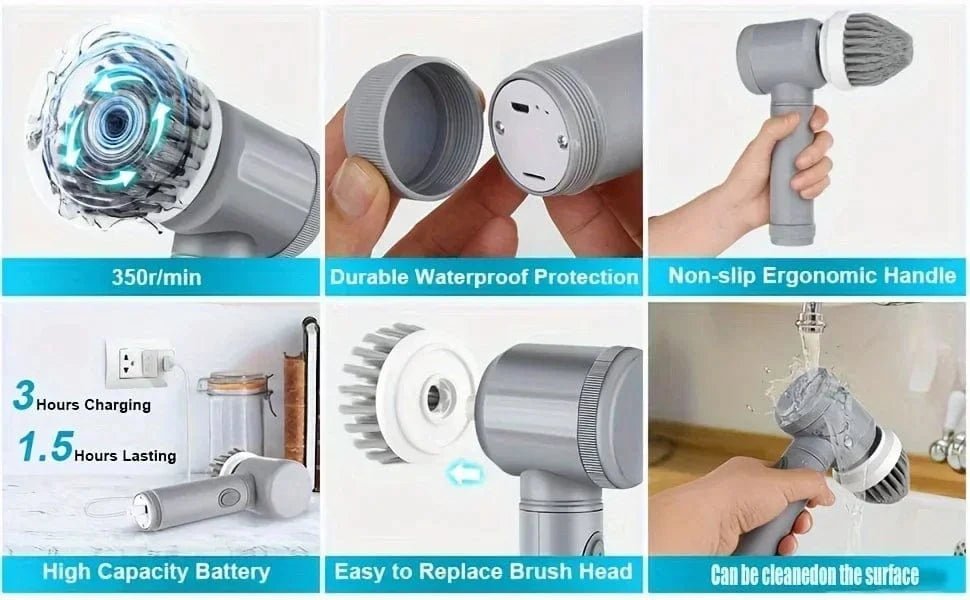 Cordless Electric Spin Scrubber with 6 Replaceable Brush Heads - Eleconic