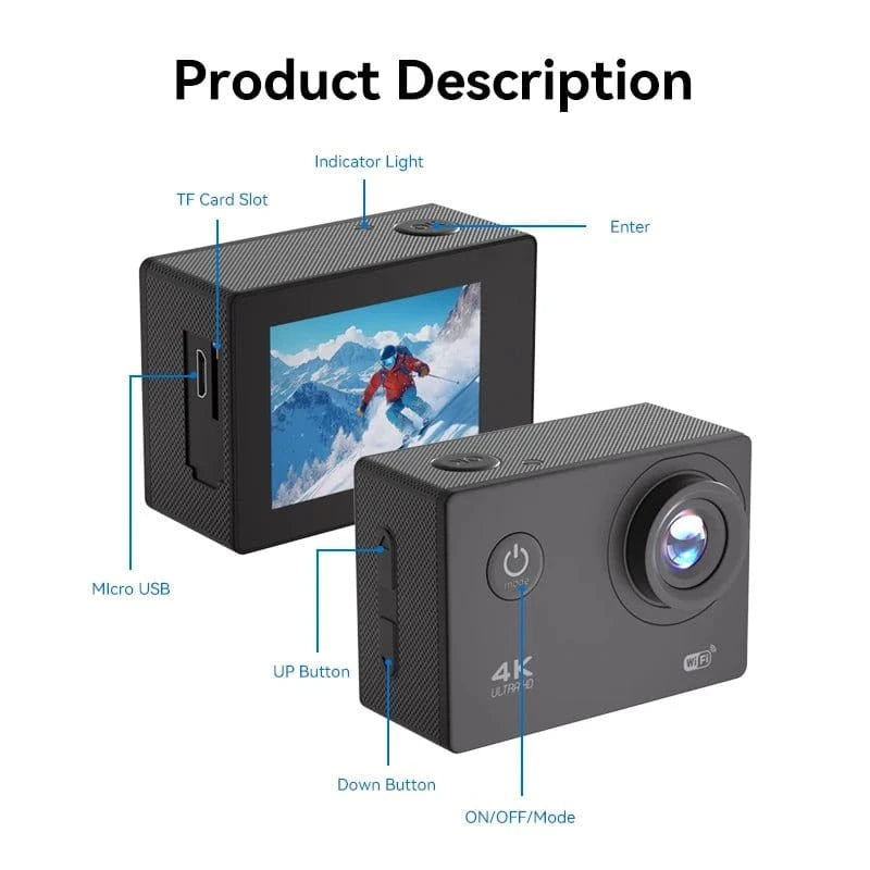 Outdoor 4K Action Camera WiFi Helmet Video Recording 4K/30FPS WiFi 2.0" 170D GPS 8X Zoom Underwater Waterproof Sports Camera - Eleconic
