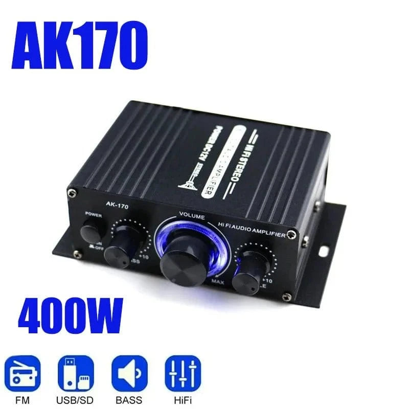 AK170 Mini Digital Power Audio Car Amplifier Blue Light Stereo Audio Amplifier for Home Theater Club Party Music 200Wx2 Power - Eleconic