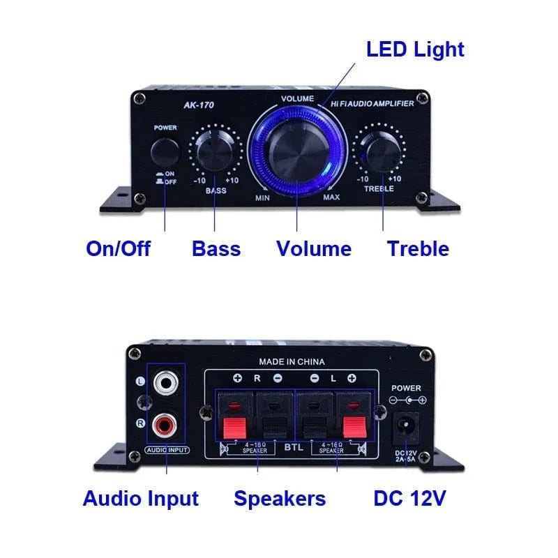 AK170 Mini Digital Power Audio Car Amplifier Blue Light Stereo Audio Amplifier for Home Theater Club Party Music 200Wx2 Power - Eleconic