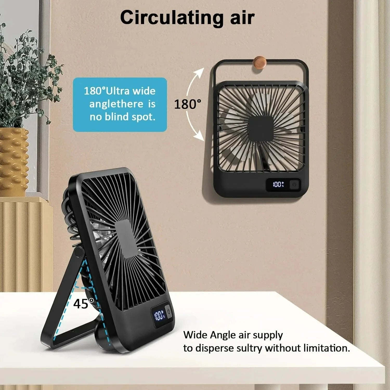 Desk Fan, Portable USB Rechargeable Fan, 180° Tilt Folding Personal Fan With Power Display, 5 Speeds Ultra Quiet Table Fan - Eleconic