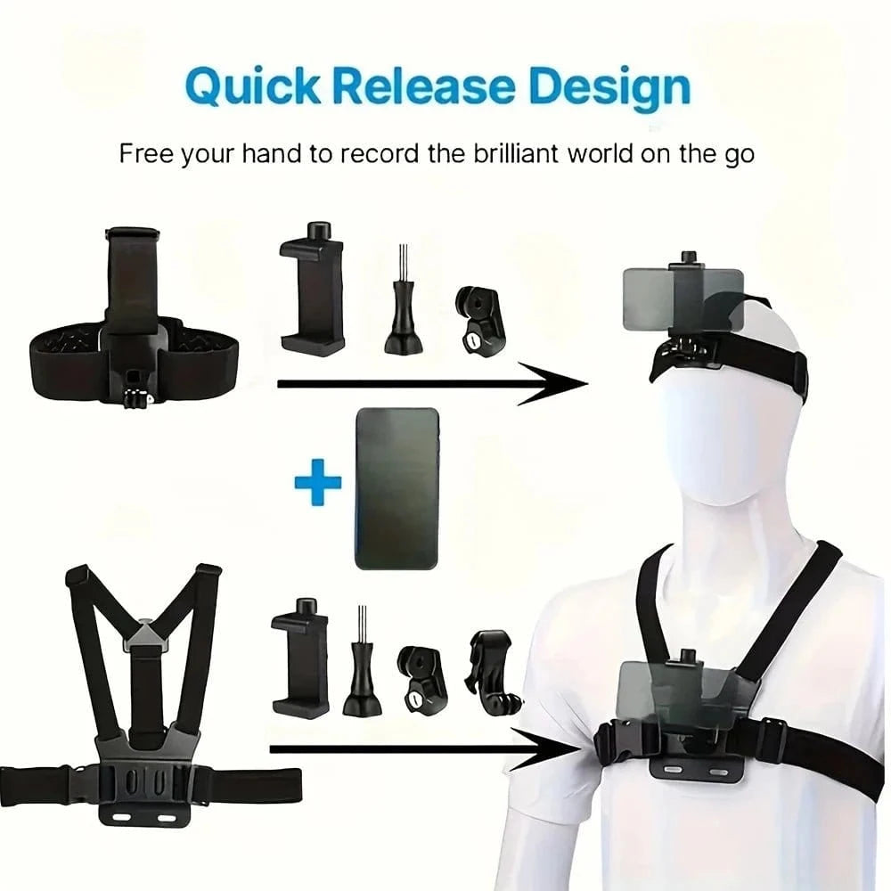 All - in - One 6pcs Action Camera Kit Head Strap Chest Strap Mount Adjustable for GoPro Phone Osmo Enhanced Stability Versatility - Eleconic