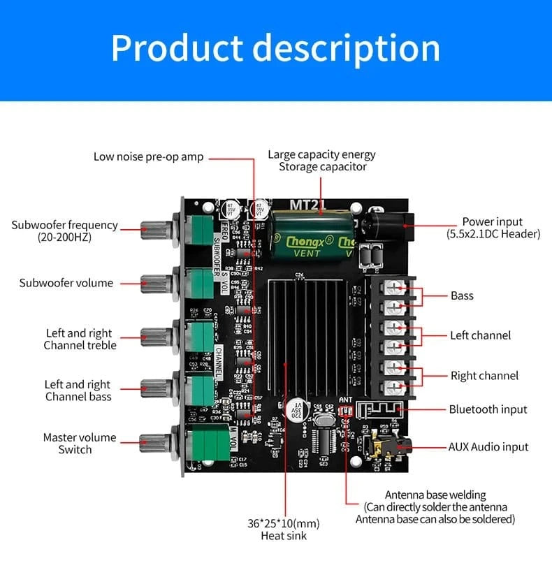 ZK - MT21 Channel Bluetooth 5.0 CS8673E 2.1 Subwoofer Amplifier Board 50W*2 +100W Power Audio Stereo Amplifier - Eleconic