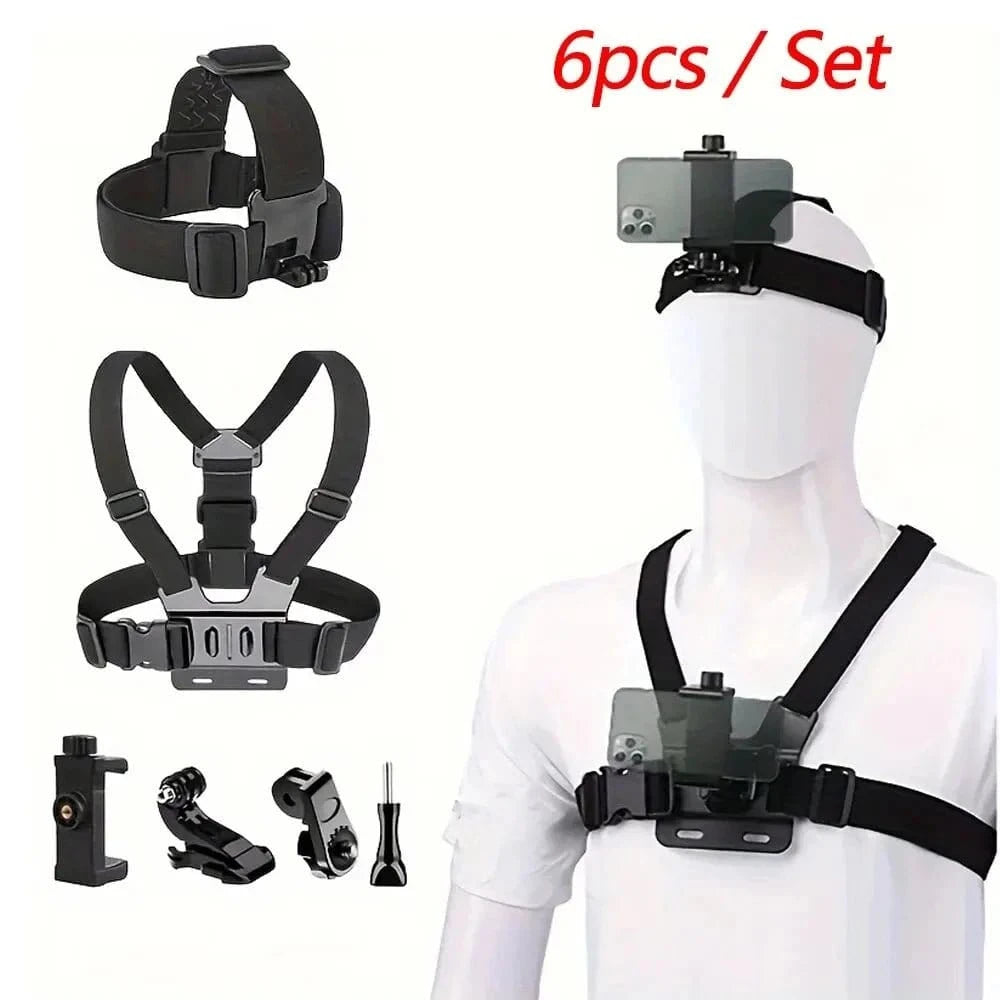 All - in - One 6pcs Action Camera Kit Head Strap Chest Strap Mount Adjustable for GoPro Phone Osmo Enhanced Stability Versatility - Eleconic
