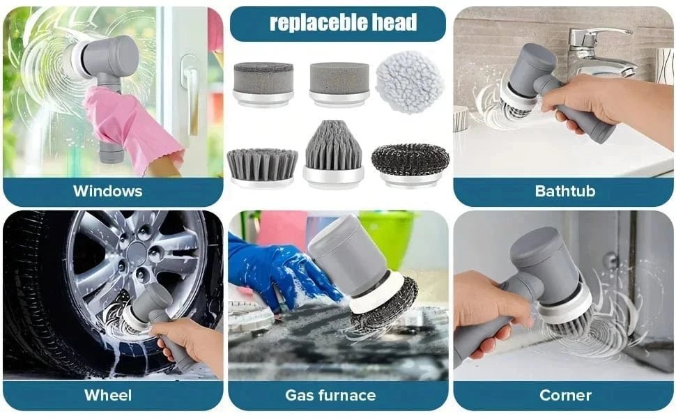 Cordless Electric Spin Scrubber with 6 Replaceable Brush Heads - Eleconic