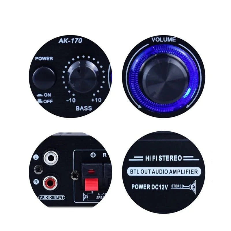 AK170 Mini Digital Power Audio Car Amplifier Blue Light Stereo Audio Amplifier for Home Theater Club Party Music 200Wx2 Power - Eleconic