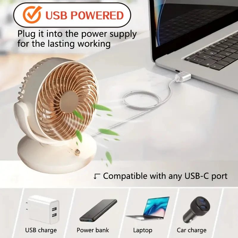 USB Plug in small Desktop Fan 6 inch Table fan 3 Speed 140° Manual Tilt and 120° Auto Oscillation For Home Office Bedroom - Eleconic